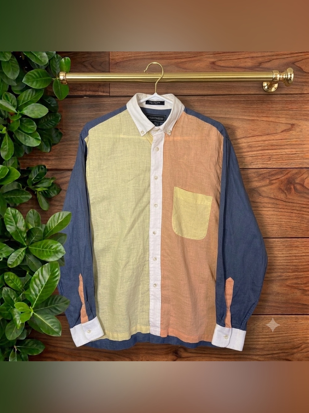 Paul Fredrick Mens 100% Linen Color Block Button Down Shirt Size M Y2K